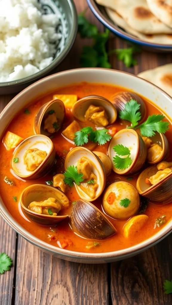 Spicy Clam Krishna Curry in a bowl with clams in coconut sauce, garnished with cilantro, served with rice and naan.